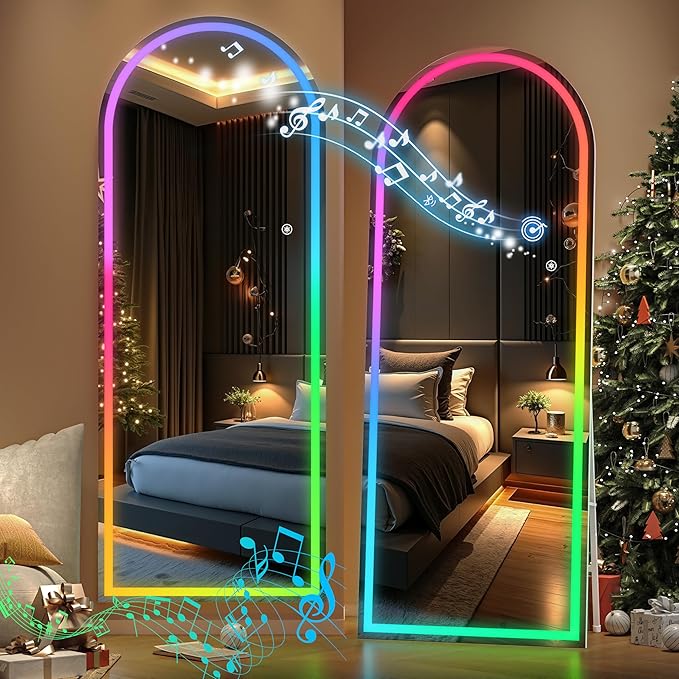 Hasipu 70.8" x 23.6" Arch LED RGB Bluetooth Full Length Mirror with Stand ＆ 7 Color Lighting Modes, Full Body Mirror with White Frame for Bedroom, Living Room, Dressing Room