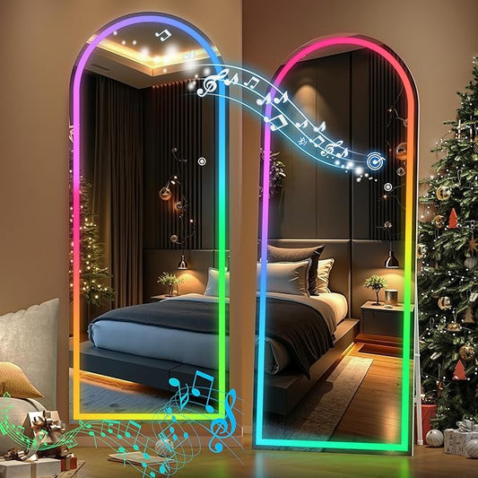 Hasipu 70.8" x 23.6" Arch LED RGB Bluetooth Full Length Mirror with Stand ＆ 7 Color Lighting Modes, Full Body Mirror with White Frame for Bedroom, Living Room, Dressing Room