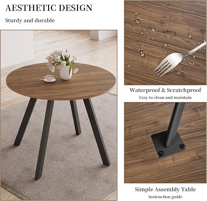 34.6'' Dining Table and Chairs for 2, Mid Century Modern Round Table Set, Space Saving for Apartment Kitchen Dining Room (Walnut Table+2 U-Shaped Brown Chairs)