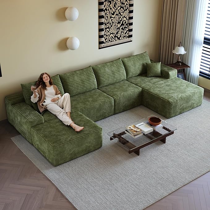 136" Sectional Couches for Living Room Modern Modular Sofa with L-Shape Couchs Upholstered Boneless Couch Deep Seat Sectional Couch with Chaise (Green, Right Facing Chaise+3Seaters+Ottoman)