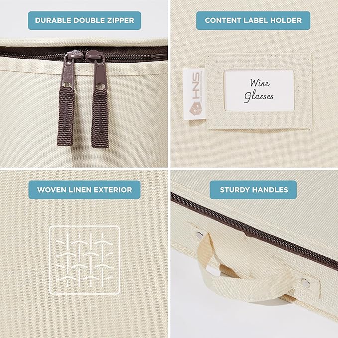 Hard Shell China Storage Containers 8-Piece Set Moving Boxes for Dinnerware, Glasses, Plates, Mugs and Saucers Sturdy Dish Organizer with Dividers for Seasonal Storage - Service for 12 - Beige