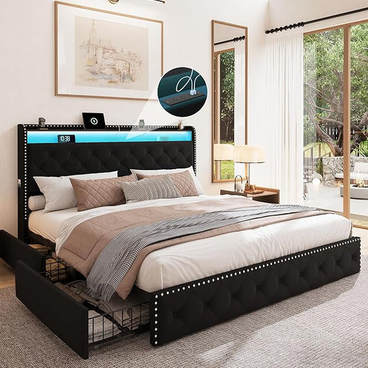BRELTAM King Size Bed Frame with 4 Storage Drawers Upholstered Velvet Bed Frame with LED and Charging Station,Platform Bed Frame with Headboard Heavy Duty Wood Slats,Noise Free,Easy Assembly,Black