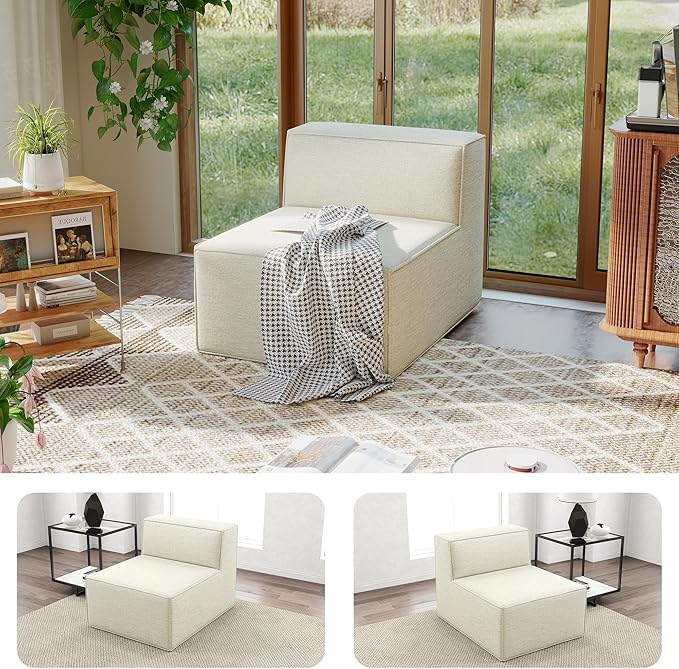38“ Modular Sectional Sofa Convertible Cube Thick Couch Seat Set, Combine L-Shaped U-Shaped, Free Assembly, Space-Saving for Living Room, Fabric Chenille Beige White (Only Armless)