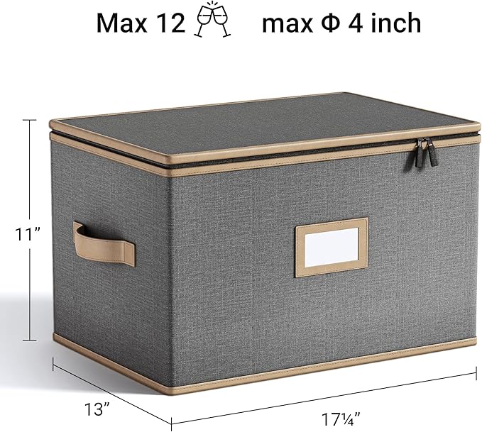 Wine Glass Storage Box with Dividers, Quilted Hard Shell Organizer for Stemware and Glassware Sets, Ideal for Storage and Moving Supplies, 1-Pack, Grey