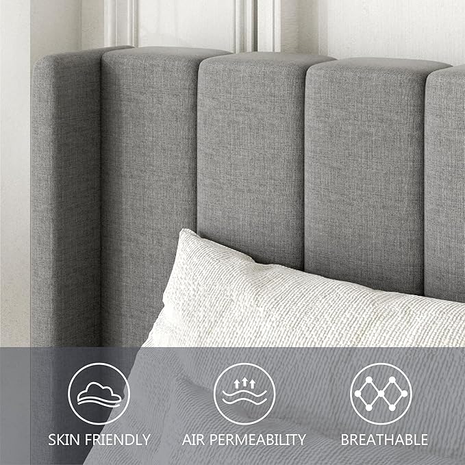 King Size Bed Frame with Wingback Headboard, Upholstered Platform Bed, No Box Spring Needed, Sturdy Wooden Slat Support, Easy Assembly, Light Gray