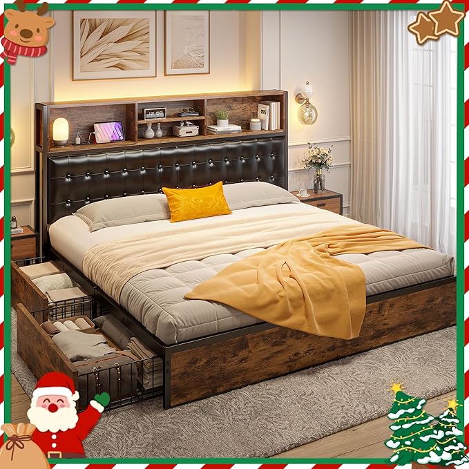 EnHomee King Size Bed Frame with 4 Storage Drawers, King Bed Frame and Headboard Built in Charging Station,No Noise,No Box Spring Needed,Vintage Brown