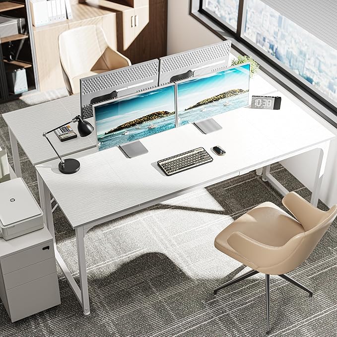 Huuger Computer Desk, 70 Inch Office Desk, Gaming Desk with Storage, Writing Desk Work Desk for Home Office, Study, Long Simple Desk, Large Legroom, Metal Frame, White