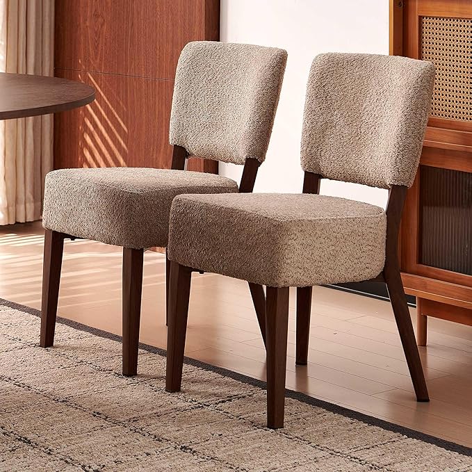 Howtek Modern Dining Chairs Set of 2 with 6.3" Thick Seat Cushions, Space-Saving Stackable Upholstered Kitchen Chairs, Ergonomic Backrest & Wood Grain Metal Legs, Brown