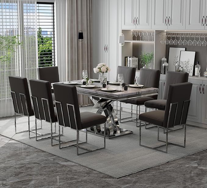 AUZ Dining Chairs, Mid-Century Modern Upholstered Chairs, Gray Faux Leather Dining Room Chairs Set of 2 with Silver Sled Legs