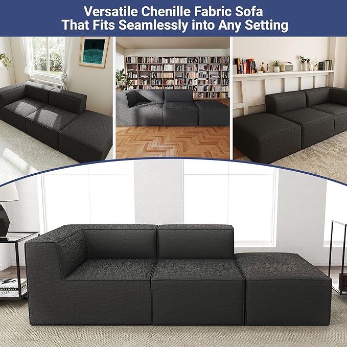 106" Sectional Compressed Sofa Modular Couches,High-Density Foam No Assembly Required,3-Piece(1xCorner 1xArmless 1xOttoman) for Living Room, Chenille Dark Gery