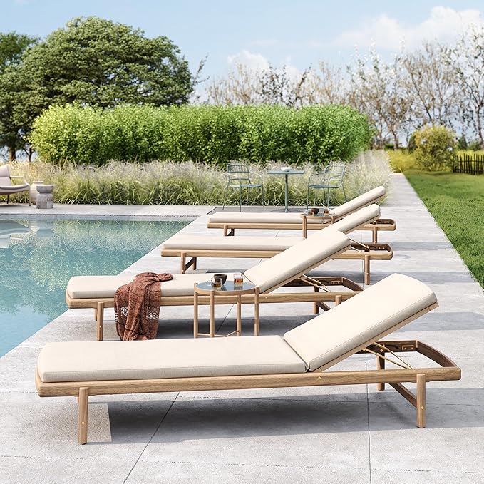 Christopher Knight Home Brolen Acacia Wood Chaise Lounge Chair Outdoor Set of 4, Patio Outdoor Chaise Lounge with Cushions, Adjustable Backrest Lounge Sofa, Wooden Sunbathing Pool Lounger, Teak+Beige