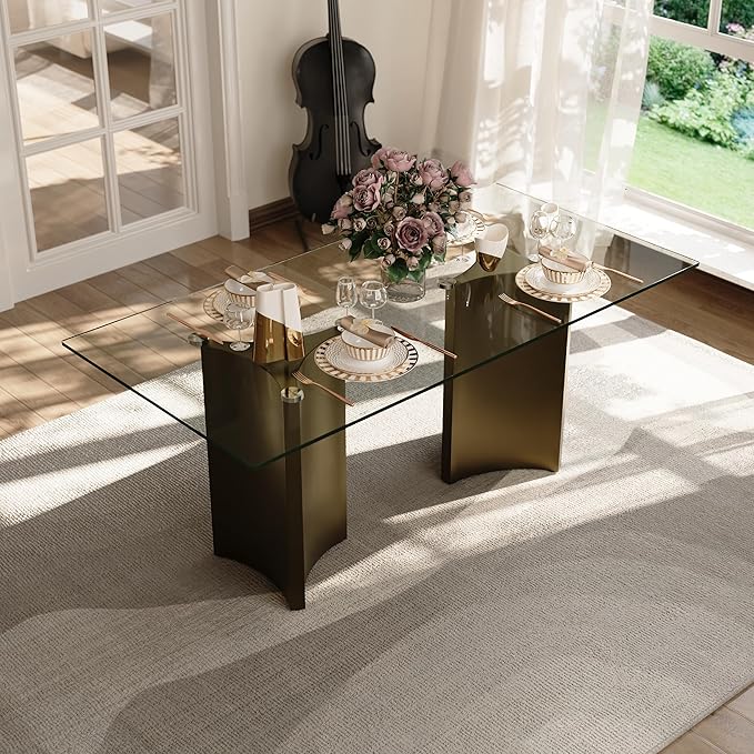 Asday 70 Inch Glass Dining Table with Bronze Base, Rectangular Dining Table for 6 People, Modern Brass Dining Room Table for Kitchen