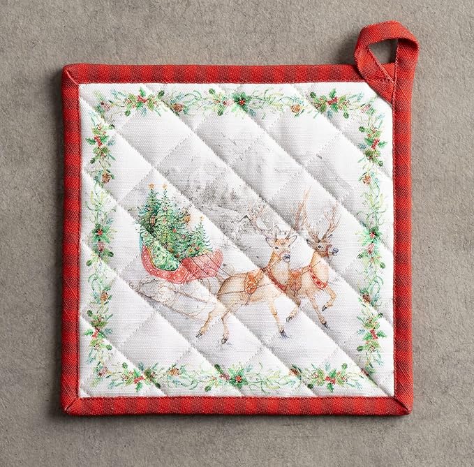 Maison d' Hermine Pot Holders 100% Cotton Heat Resistant Potholders 8" x 8" Hot Pads with Loop for Thanksgiving Christmas Decorations BBQ Cooking Handling Hot Pans (Pack of 1, Christmas Tradition)