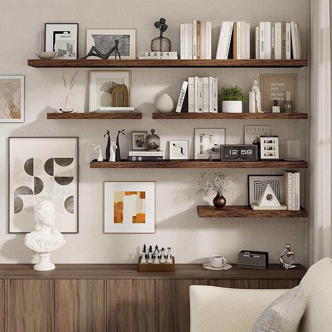 Floating Shelves for Wall, 27.5 Inch Bathroom Shelves Set of 2, Rustic Wood Wall Shelf with Invisible Brackets for Books|Storage|Decor, 8 Inch Deep Floating Shelf for Bedroom|Kitchen, Rustic Brown