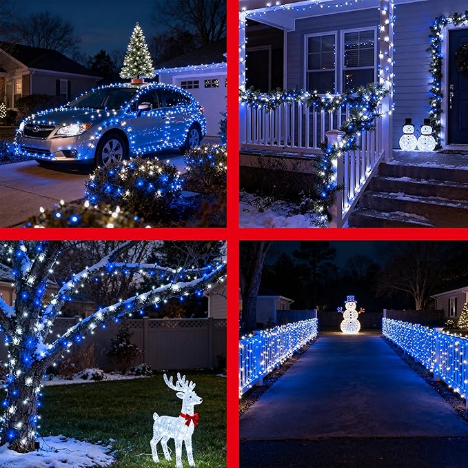 240FT 750LED Christmas Lights,12 Modes Blue and Cool White Outdoor String Lights with Timer & Dimmable, Waterproof Green Wire Christmas String Lights for Tree Xmas Patio Fence Wedding Party Decor