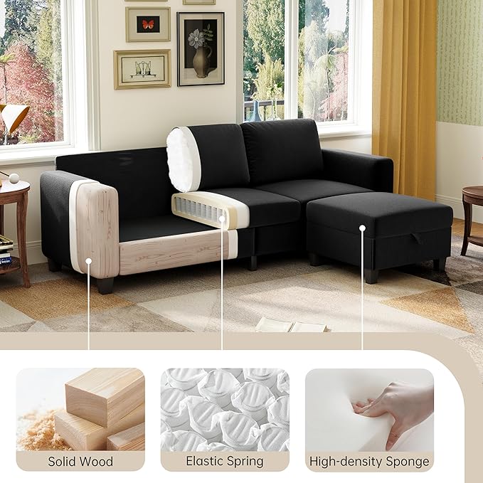 Sectional Sofa Couches for Living Room, 78'' Black 3 Seater L-Shaped Couch with Storage Ottoman, Comfy Velvet Convertible Sectionals Sofas with Chaise for Apartment, Office, Small Space