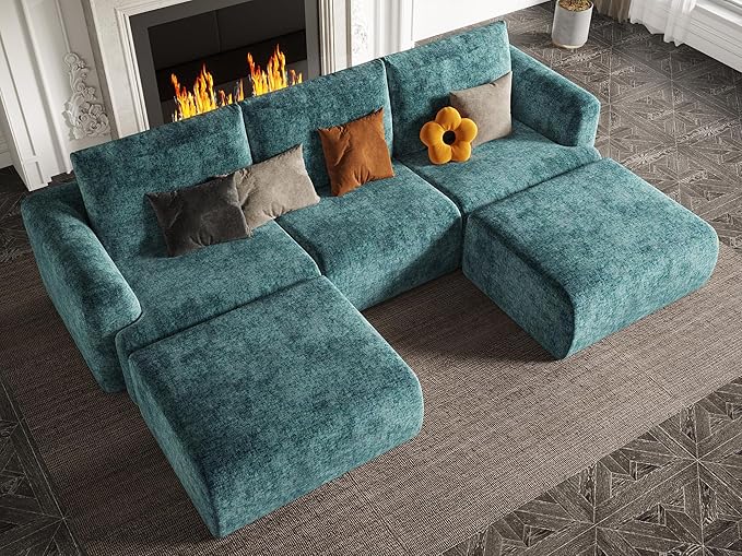 EASE MOOSE Cloud Couch Sectional Sofa, Large U-Shaped Oversized Modular Couch for Living Room, Minimalist Boneless Convertible Couches with Ottoman, 5-Seat Deep Sofas for Bedroom, Chenille (Blue)