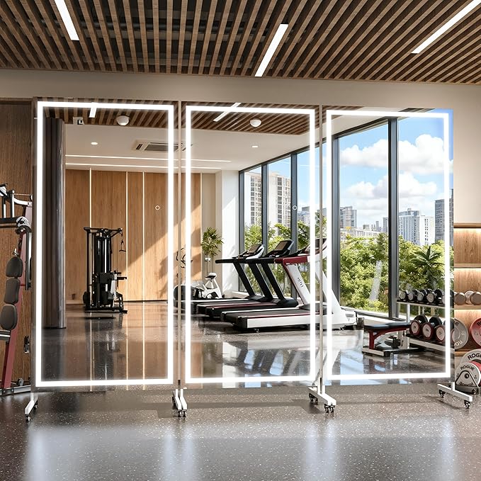 Hasipu Home Gym Mirror with Light 360° Swivel on Wheels, 79" x 40" Extra Large Full Length Rolling LED Mirror for Yoga Studio, Bedroom, Dancing Studio, White