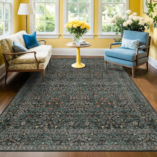 Dark Green Floral Living Room Rug 5x7 Area Rug - Vintage Forest Washable Mat for Dining Room, Bedroom, Low Pile Non Slip Stain Resistance Distressed Retro Indoor Boho Carpet (5x7 Dark Green)