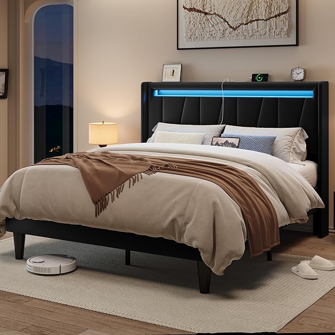 Allewie Full Size LED Bed Frame with Charging Station, Velvet Upholstered Platform Bed with Geometric Wingback Headboard, Modern Frame with No Box Spring Needed, Easy Assembly, Black