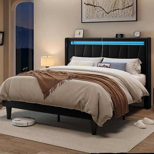 Allewie Queen Size LED Bed Frame with Charging Station, Velvet Upholstered Platform Bed with Geometric Wingback Headboard, Modern Frame with No Box Spring Needed, Easy Assembly, Black