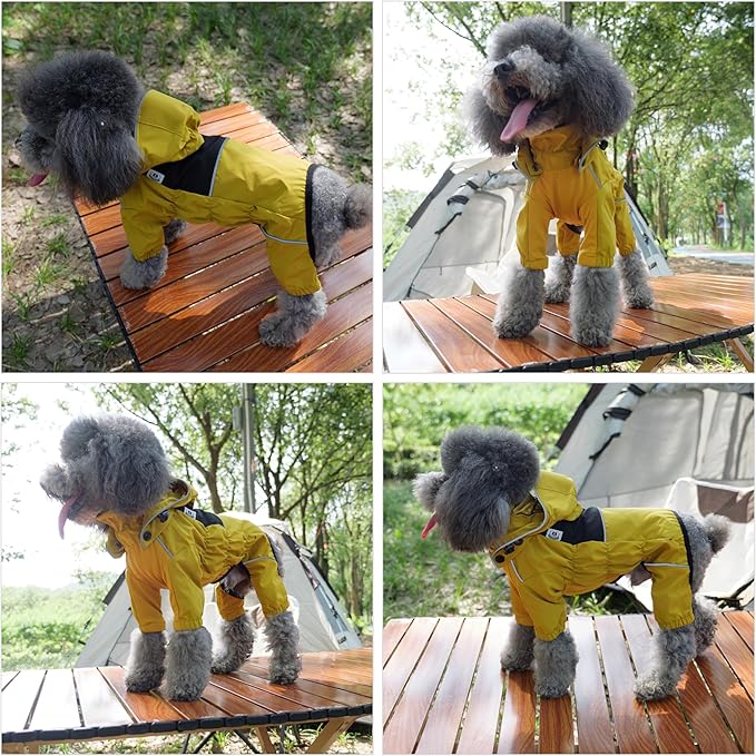 LOVELONGLONG Fleece-Lined Dog Raincoat with Removable Hood – Waterproof Winter Full Body Dog Jacket – Windproof Snowproof Cold-Weather Suit – Yellow-F S+