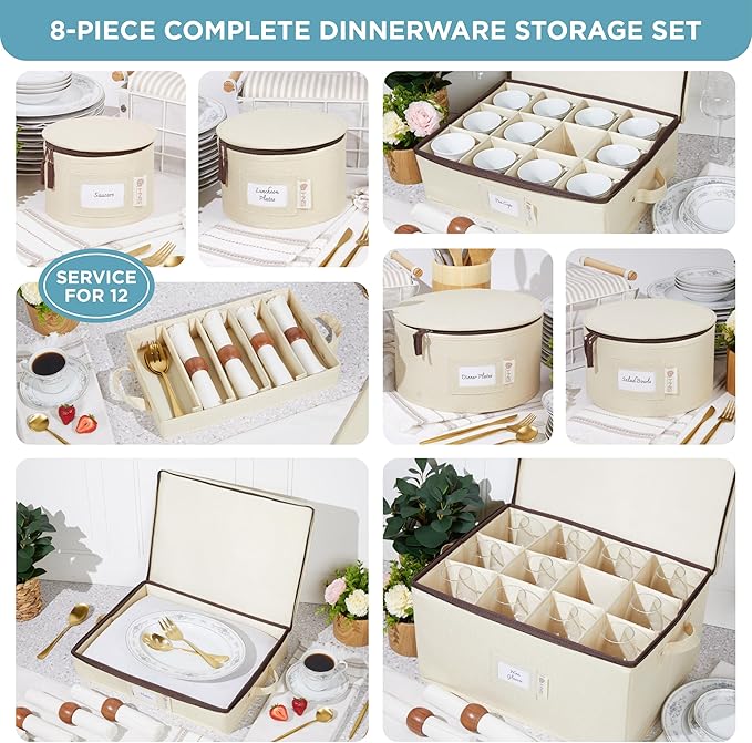 Hard Shell China Storage Containers 8-Piece Set Moving Boxes for Dinnerware, Glasses, Plates, Mugs and Saucers Sturdy Dish Organizer with Dividers for Seasonal Storage - Service for 12 - Beige