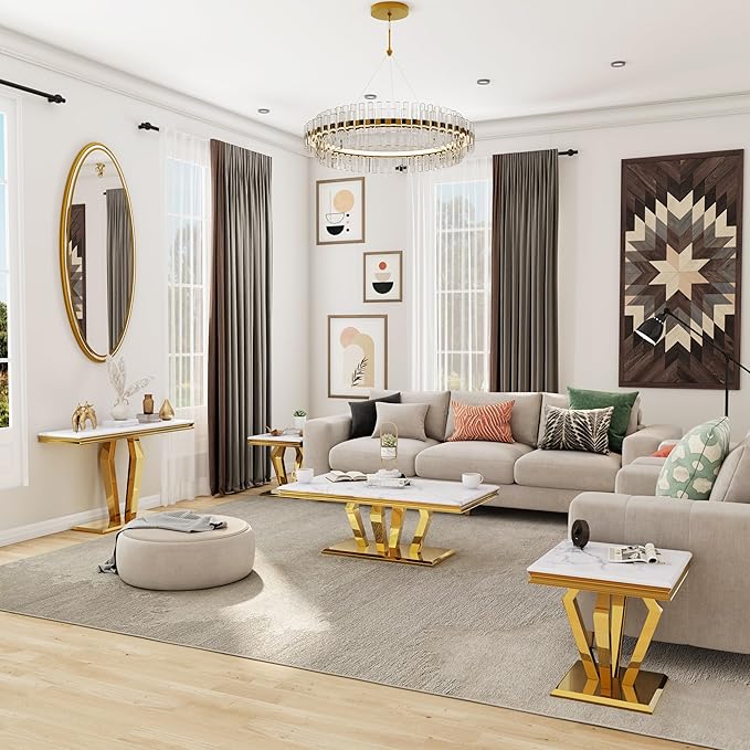 Coffee Table Set, 48 inches Modern Gold Coffee Table with 4 Geometric Polished Bases and Rectangular Gold Console Table with White Top for Living Room (Coffee Table + Console Table)