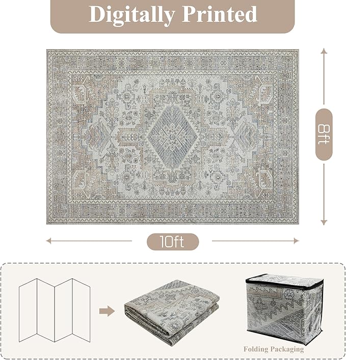 Machine Washable Rugs 8x10 Area Rugs for Living Room,Ultra Soft Low Pile Retro Rugs for Bedroom,Dining Room,Large Non Slip Carpet Vintage Distressed Accent Rug for Farmhouse Office Home Decor