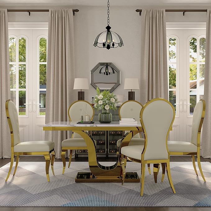 Luxury Dining Room Table with Gold Stainless Steel Metal U-Base in White Gold