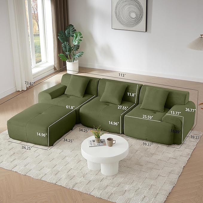Cilee 113" Modular Sectional Sofa, Cloud Couch with Deep Seat, L-Shape Boneless Sofa, 3 Seat Memory Foam Sofa, No Assembly Required, Upholstered Couch for Living Room, Movable Ottoman, Corduroy, Green