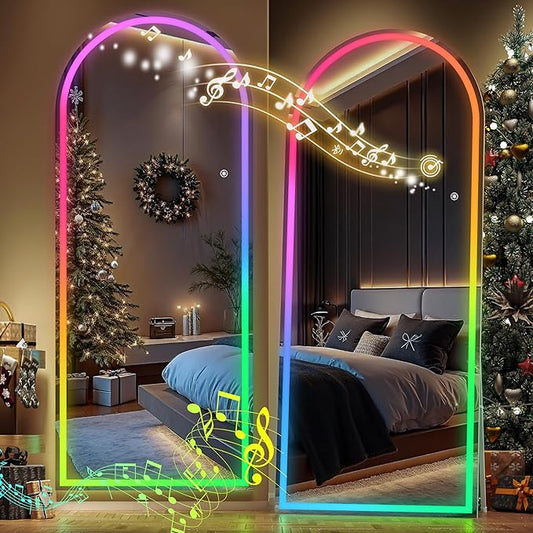 Hasipu 76.7" x 29.5" Arch LED RGB Bluetooth Full Length Mirror with Stand ＆ 7 Color Lighting Modes, Full Body Mirror with White Frame for Bedroom, Living Room, Dressing Room