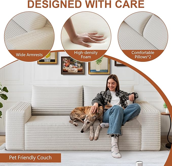 71" Corduroy Loveseat Sofa, 3-Seater Cloud Couch, Boneless Couch in a Box, Comfy Deep Seat Sofa with Memory Foam, Pillows and Wide Armrests, Modern Small Couches for Small Spaces, No Assembly (White)