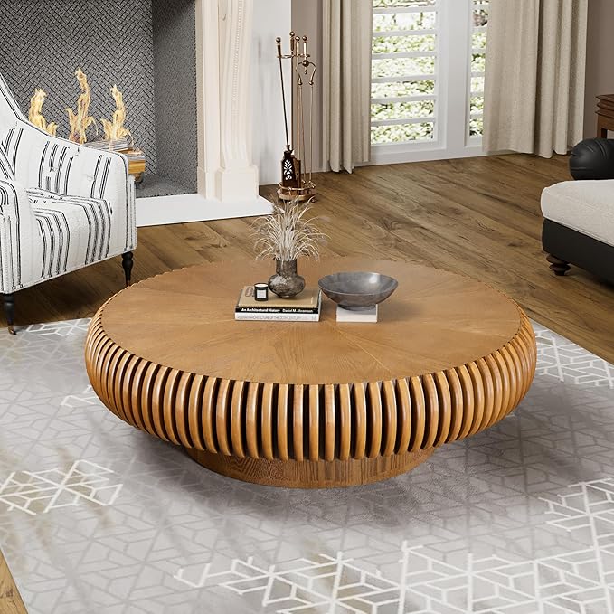 Round Fluted Coffee Table Modern Handcraft Drum Coffee Table with Sturdy Pedestal 31.5" Farmhouse Center Table Tea Table for Living Room, Reception Room, Entertainment Room (Brown 39.37inch)