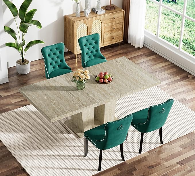 Goujxcy 5-Piece Extendable Dining Table Set for 4, 63-78 Inch Faux Travetine Kitchen Table Set with 4 Green Upholstered Chairs Modern Wood Expandable Dining Room Table Set for Kitchen Apartment