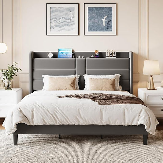 SHA CERLIN King Size Bed Frame with Charging Station & Storage Headboard, Velvet Platform Bed with Upholstered Modern Wingback Design, Wooden Slats Support, No Box Spring Needed, Easy Assembly, Grey