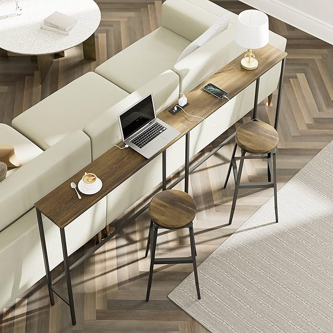 63 Inch Console Table with Power Outlet,Modern Narrow Long Sofa Table Behind Couch,Skinny Entry Table with Black Metal Frame for Entryway,Living Room, Hallway,Walnut Brown