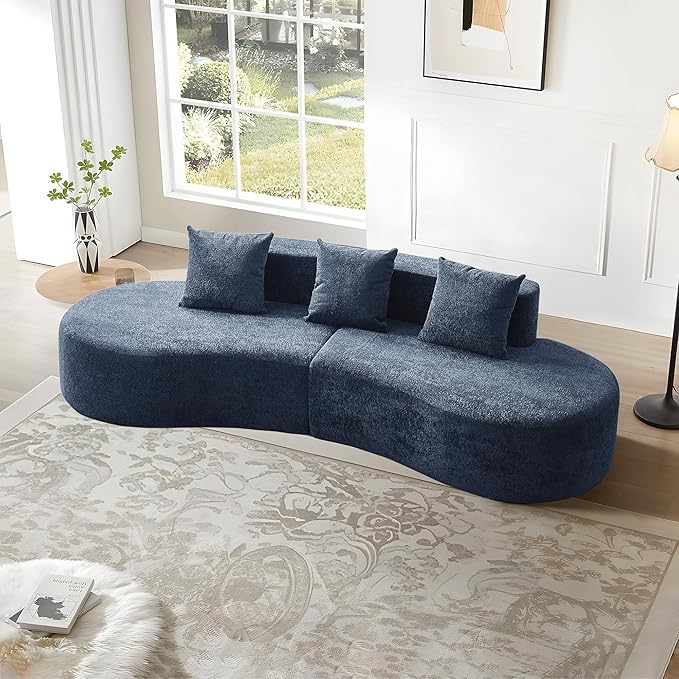 109'' Curved Couch, Mid Century Modern Half Moon Sofa, Luxury 3-Seat Couch with High-Density Foam Filled, Raindrop Velvet Fabric Sectional Sofa for Living Room, Apartment, Office, Blue