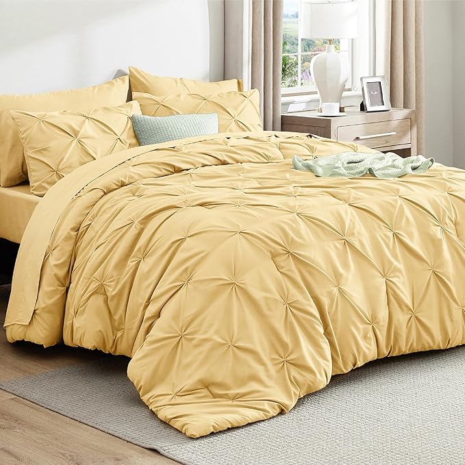 Bedsure Twin Comforter Set Yellow - Bed in a Bag Twin Size Bedding 5 Pieces, GentleSoft™ Pintuck Bed Set Gift for Family, Pinch Pleat Yellow Comforter with Sheets, Pillowcase & Sham