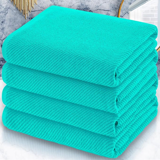 Turquoise Bath Towels (4PC Large, 30"x56") - 100% Cotton | Quick Dry | Light Weight | Thick | Soft | Absorbent, Luxury Shower Towels with Hanging Loops, Towel Gift Set, Turquoise Bathroom Accessories