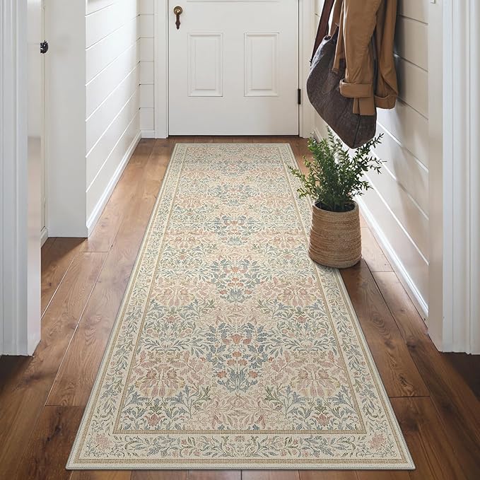 GENIMO Floral Washable Runner Rug 2’6”x10’, Non-Slip Long Hallway Carpet for Entryway, Kitchen, Indoor Floor Use, Vintage Boho Soft Thin Rug Décor, Beige Pink