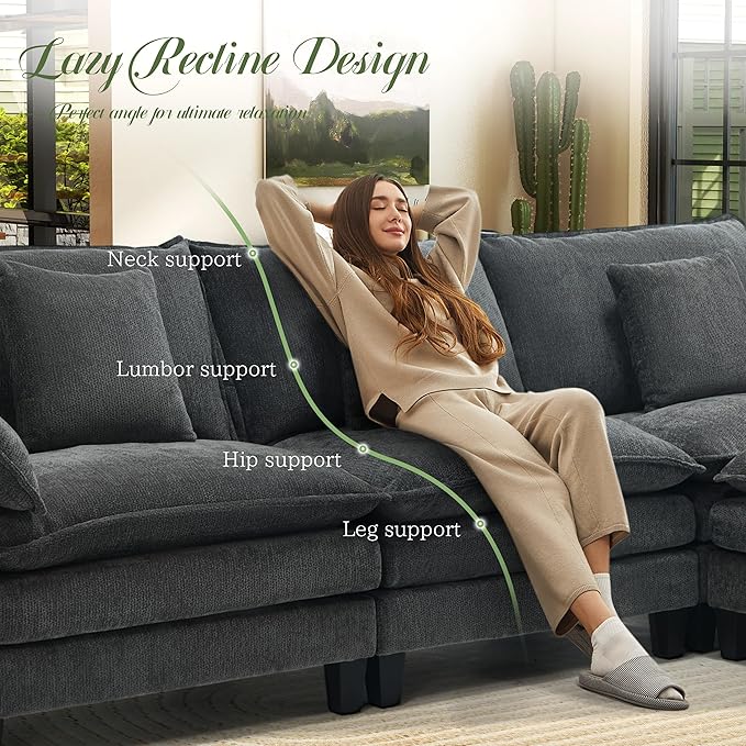 Modular Sectional Sofa, Comfy Cloud Couch with Movable Ottoman, Deep Seat Couches for Living Room, Bedroom and Apartment, 106" L Shaped Modern Sofa with Pillows, Grey
