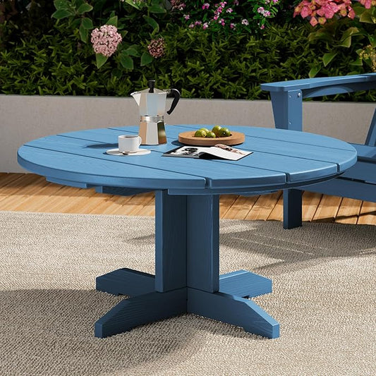 SERWALL 36'' Round Outdoor Coffee Table - HDPE Weatherproof Patio Table for Balcony, Garden, Backyard (Blue)