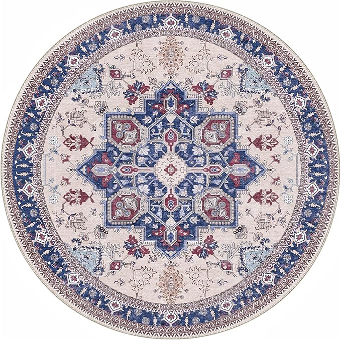 OPPODREAM Thin Round Rug 5ft, Washable Circle Rug 5ft with Non Slip Backing Play Room, Low-Pile Carpet 5 ft, Faux Cashmere Throw Carpet, Navy Blue & Red & Cream