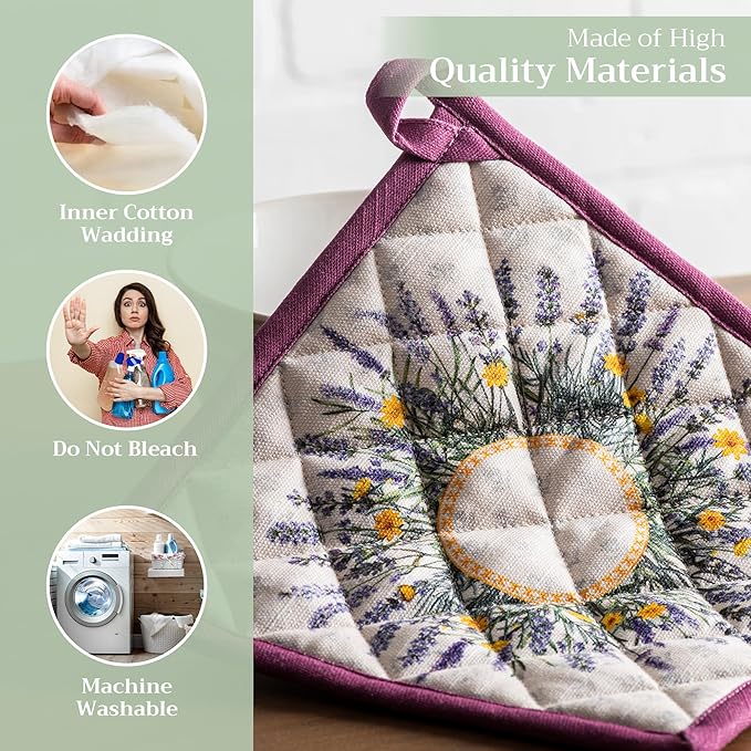 Maison d' Hermine Pot Holders Set 100% Cotton Heat Resistant Potholders 8" x 8" Hot Pads with Loop BBQ, Cooking, Baking, Grilling, Kitchen, Handling Hot Pans Spring/Summer (Pack of 2, Fanny Lavender)