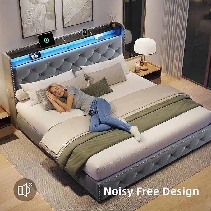 BRELTAM Bed Frame Queen Size with 4 Storage Drawers Upholstered Velvet Bed Frame with LED and Charging Station,Platform Bed Frame with Headboard Heavy Duty Wood Slats,Noise Free,Bluish Grey