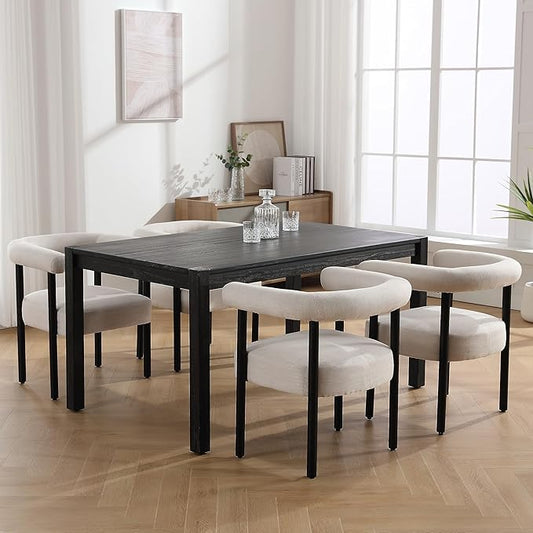 Beige Linen Dining Chairs Set of 4, Modern Upholstered Curved Backrest Kitchen Dining Room Chairs Accent Armchairs with Black Wood Legs
