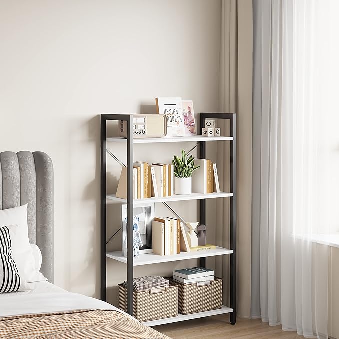 4-Tier Bookshelf, 47.2'' H Ladder Shelf, Industrial Bookcase, Wooden and Metal Storage Rack, Shelving Unit for Living Room Entryway Office, White Book Shelves, 24 * 11.8 * 47.2 inches