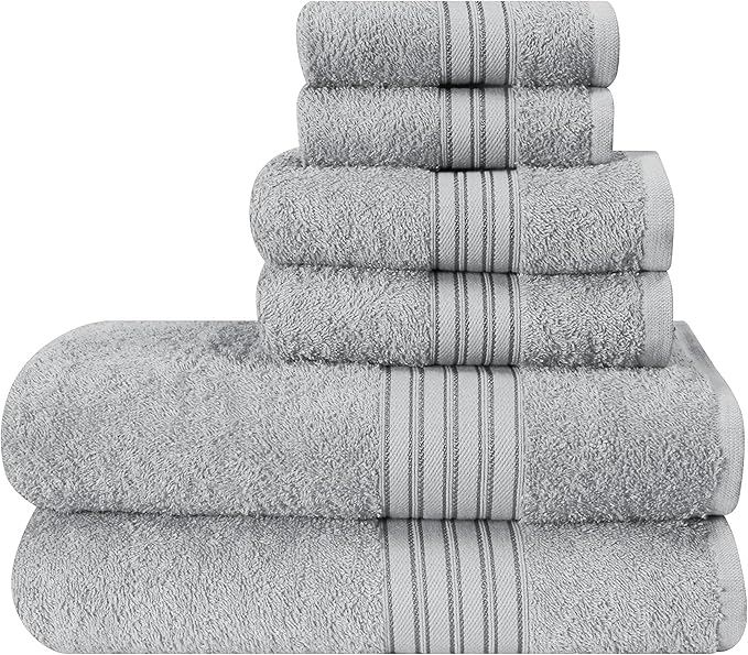 BOUTIQUO 6 Pack Cotton Towel Set, Contains 2 Bath Towels 28x55 inch, 2 Hand Towels 16x24 inch & 2 Wash Coths 12x12 inch, Ideal Everyday use, Ultra Soft Compact & Lightweight - Light Grey