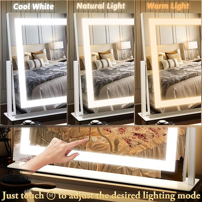 FENNIO Vanity Mirror with Lights 22''x18'' Makeup Mirror with Lights,Lighted Makeup Mirror with 10X Magnification and USB，Smart Touch Screen with 3-Color Lighting,Dimmable（Square White）